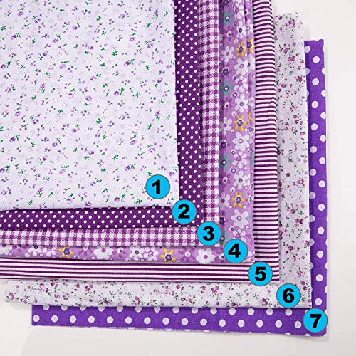 Fabric Material for Sweing,Fat Quarters Cotton Craft Fabric Patchwork Fat Squares 7 Pack 50 * 50cm Sewing Patchwork Different Pattern Cloths DIY Scrapbooking Artcraft (Purple)
