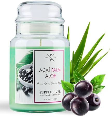 Purple River Große Duftkerze im Glas mit Deckel | Acai Palm Aloe | Duftkerze Frisch | Kerzen lange Brenndauer | Sojawachskerze | Raumduft für Zuhause