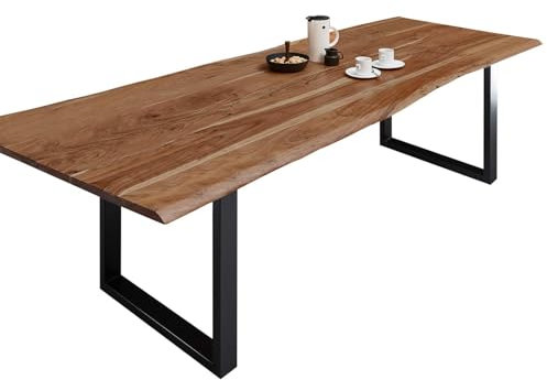 SAM Esszimmertisch 320x100 cm Milo, echte Baumkante, naturfarben, massiver Esstisch aus Akazienholz, Metallbeine Schwarz, Baumkantentisch im Industrial-Design