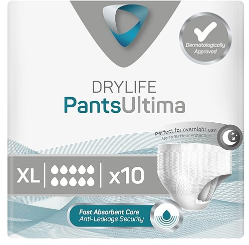 Drylife Pants Disposable Pull-Up Unisex Incontinence Pants | 3000ml Absorbency, Overnight Protection, Dry Feel Technology Anti-Leak Security, Breathable Material (XL (Pack of 10), Ultima)