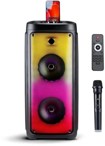Bluetooth-högtalare med mikrofon – musikbox med stämningsbelysning – festbox och karaoke mikrofon – soundboks med Bluetooth, Aux och USB-ingångar – lätt att transportera med handtag – svart