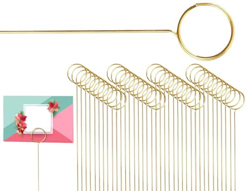 Lhbwhiz 40 Stück Tischkartenhalter,Metall Florale Kartenhalter,Bilderhalter,Blumenplektren,Metalldraht Memo Halter,Ring Schlaufen Clips,Fotohalter,für Geburtstag Hochzeit Party(runden,Gold)