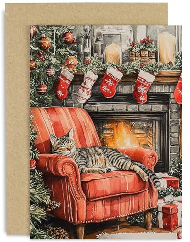 Tarjetas de Navidad vintage para hombres y mujeres, diseño festivo de gato, para él o ella, tarjetas de Navidad para papá, mamá, abuelos, tía, tío, interior en blanco