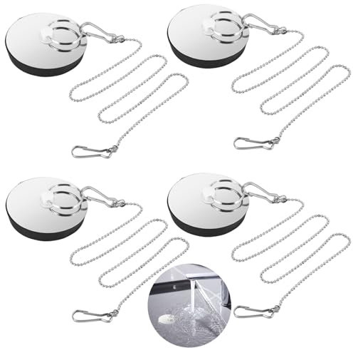 Lot de 4 bouchons de lavabo - 42 à 45 mm - Avec chaîne de 50 cm - En caoutchouc argenté - Pour baignoire, cuisine, salle de bain