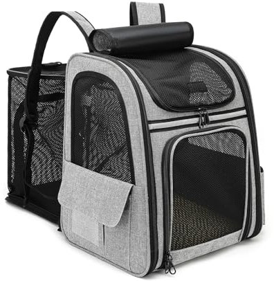 Dogat KatzenRucksack Groß Raum, Haustier Rucksäcke für Katzen Hunde bis 12KG, Faltbar Katzenrucksack, Tragbare und Erweiterbare Ourdoor Raum Tragetasche, Front Opening-Mesh Fenstertaschen, Grau