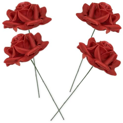 Kunstrosen-Blüten mit Stiel als künstliche Deko-Rosen aus Wachs - 4 rote Rosenblüten wie echt für Blumengestecke Blumen-Dekoration - Wachsrosen als Kunstrosen Friedhof Grabschmuck