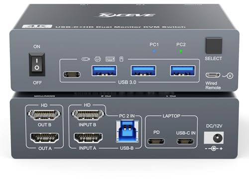 KVM Switch 2 PC 2 Monitore für 1 Laptop und 1 Desktop 4K@60Hz,USB C HDMI Dual Monitor KVM-Switches mit 4 USB 3.0 Port,80W PD Aufladung,USB-C Kabel,Verdrahtete Fernbedienung und 12V Netzteil Inklusive