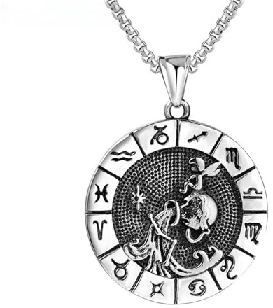 Sumpgle Sternzeichen Titan Stahl Anhänger Neue Vintage Runde Medaillon Halskette Herren Einzigartiger Schmuck Astrologisches Modedesign