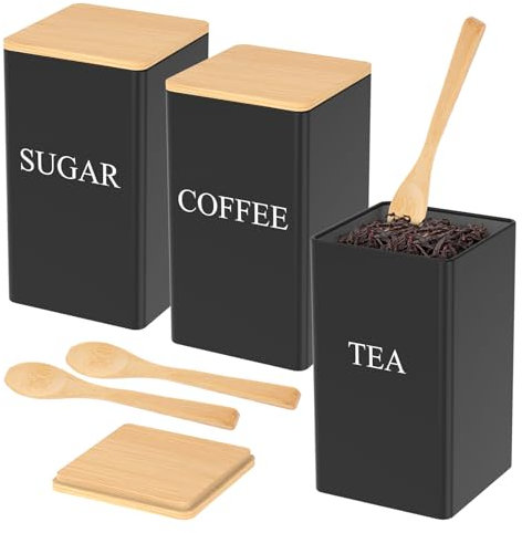 Deuson Juego de latas de té, café, azúcar, tarros de metal, rectangulares, con tapa de bambú y cuchara, fáciles de limpiar, latas para café, cereales, azúcar, té y especias