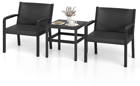 COSTWAY 3 Piece Patio Bistro Set, Rattan Furniture Set with 2 Armchair and Squire Side Table, Outdoor Wicker Conversation Table Chairs for Porch, Balcony, Lawn and Backyard