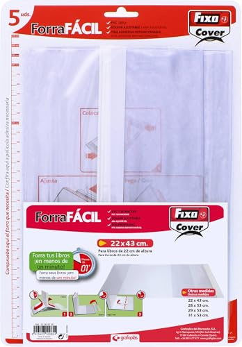 Fixo Cover - Lot de 5 pochettes de livres réglables avec doublure facile, 22 x 43 cm, rabat réglable, PVC 130 microns, transparents, parfaits pour protéger vos livres scolaires