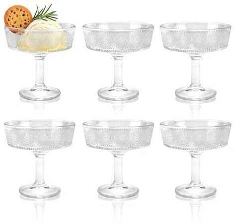 Fatiya Lot de 6 petits bols à dessert en verre transparent avec piédestal, 190 ml, design moderne, support de plat en cristal pour crème glacée, salade, fruits, gâteaux