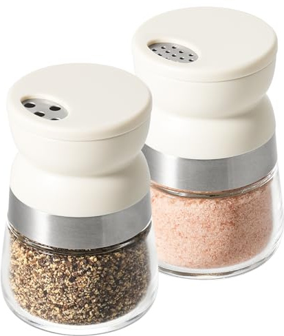 Vucchini Mini Salt and Pepper Shakers 2 Set,2 Different Pour Options,Double Sphere Design Dispenser,Detachable,Beige