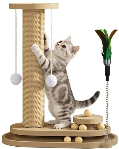 Chiziyixin Cat Scratching Post, Multifunctional Scratching Posts for Indoor Cats, Kitten Scratcher Furniture with Solid Wooden Base, Interactive Track Ball Toys, Spring Feather, 42cm Tall
