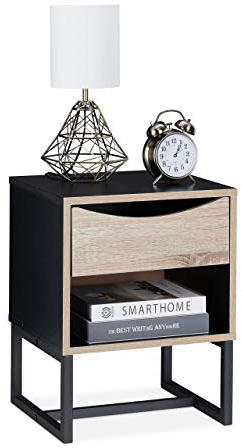 Relaxdays Nachttisch mit Schublade, HxBxT: 50x39x35 cm, Beistelltisch Wohn- & Schlafzimmer, Metall, Holzoptik/schwarz