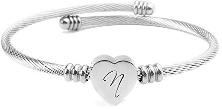 ShopINess Bracelet avec Initiale A-Z pour Femme Bracelet Cœur Argenté en Acier Inoxydable Ouvert Ajustable Bijou Cadeau Maman Fille Amie Partenaire (N)