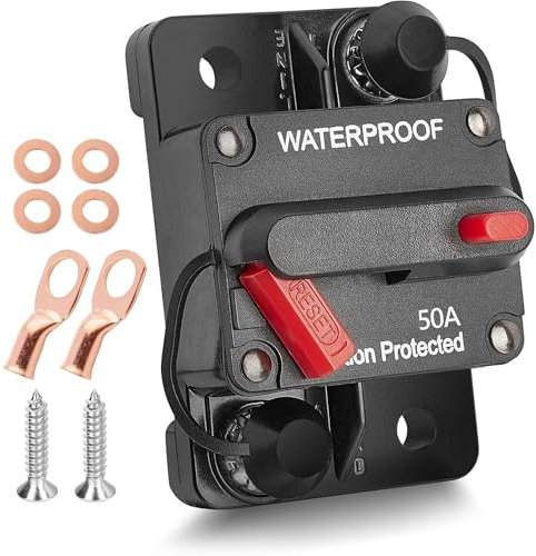 RED WOLF Kfz 50A Sicherungshalter mit Kabelschuhe Kupferscheiben Wasserdichte Schutzschalter mit Manuellem Reset für LKW Wohnmobil Boot Auto Audio 50 Ampere Leistungsschalter 12V-48V