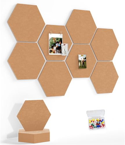 Uoisaiko Grand Tableau Hexagonal en Liège 30x26 cm, 8 Pièces Tableau d'Affichage en Feutre avec 30 Punaise, Panneau Liege Mural pour Bureau, Maison