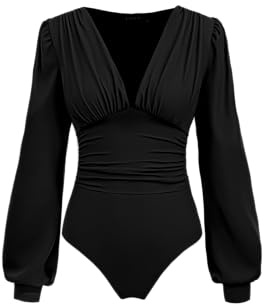 CIDER Long Sleeve Body Suits Womens V Neck Bodysuits Ruched Pleated Corset Bodysuit Leotard Trendy: Black, XL