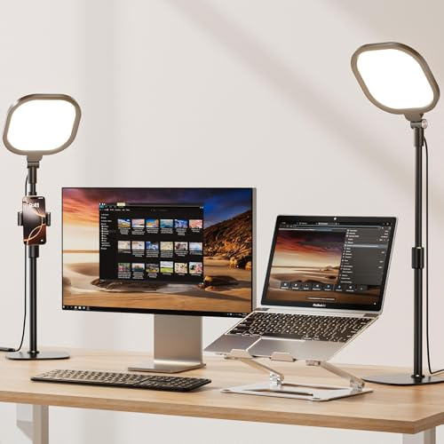 LitONES Ringlicht mit Stativ, Tisch Handy Laptop Ringleuchte, 30 Lichtmodi, Schreibtischlampe LED Dimmbar, Ausziehbarem Selfie Ring Licht für Videokonferenz (Schwarz–2Stück)