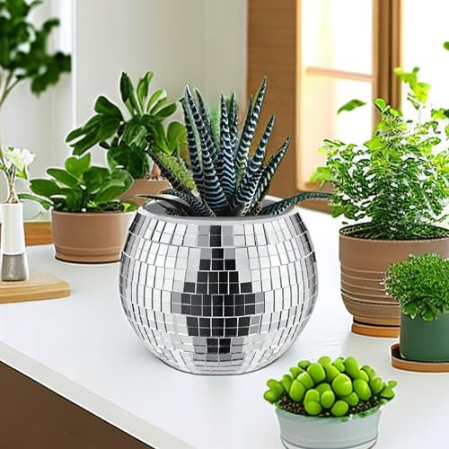 Qiumyanlod Discokugel-Pflanzgefäß, Glas-Disco-Kugel-Blumentopf, silberfarbener Spiegel-Pflanzgefäß, Disco-Pflanzenhalter, Discokugel-Vase, Boho-Disco-Dekor für Zimmerpflanzen, Sukkulenten, Kakteen,