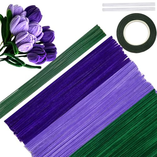 TOAOB 310 Stück 3 Farben Pfeifenputzer Bunt Set mit Blumendraht und Blumenband Chenille Stems Pipecleaners für Tulpenstrauß Bastelprojekte und Dekorationen