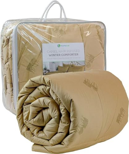HealthyLine Edredón alternativo de plumón de invierno de pelo de camello, manta de lana transpirable natural, algodón, 233TC, 300 g/m², inserto de edredón con pestañas en las esquinas, caqui, tamaño