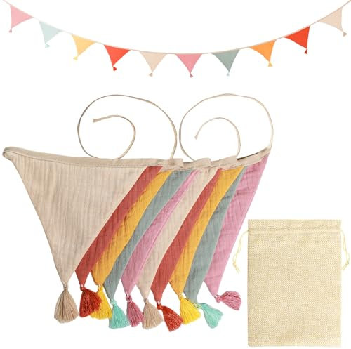 TAIHOBO Wimpelkette Outdoor, 2,6m Wimpelkette Stoff mit Kordelzugbeutel, Girlande Outdoor aus Baumwolle, Doppelschichtige Girlande Geburtstag, Wimpelkette Kinderzimmer für Party Einschulung Deko