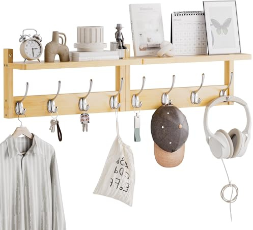 STELLSTAR Coat Rack with Shelf, 2 Pack Bamboo Wall-Mounted Coat Hanger with 8 Hooks for Entryway, Hallway, Kitchen, Bathroom, Living Room, Utility Room (Natural)