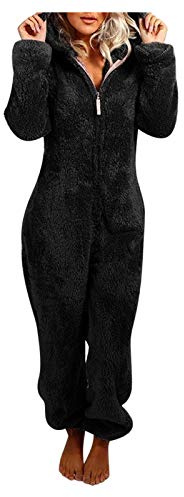 YOSUWOAI Mono largo para mujer, pijama de invierno, mullido, mono de peluche, traje de casa cálido, traje de cuerpo entero con capucha, cómodo y de felpa con cremallera