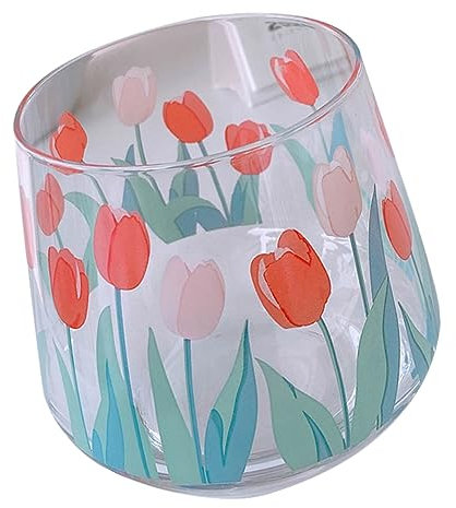 WATIIFUFU Taza de Vidrio con Forma de Tulipán Taza de Agua para La Oficina Taza para El Hogar Elegante Patrón de Tulipán para La Oficina Y El Hogar