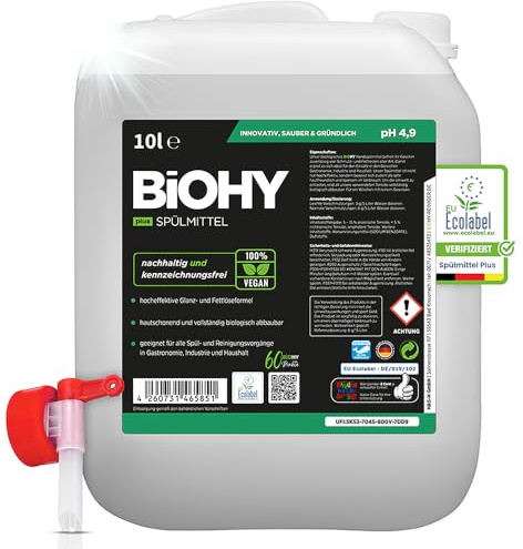 BiOHY Diskmedel plus (10 liter behållare) utloppskran | ekologiskt flytande koncentrat för porslin med EU-miljömärke | extra kraftfull fettlösare | för diskmedelsdispenser | miljövänlig och biologiskt