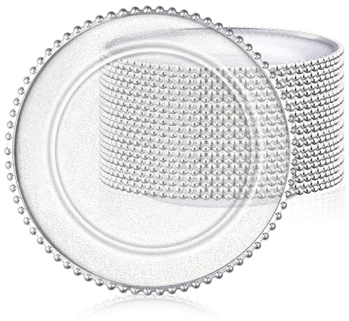 Hoolerry 12 Pack Clear Charger Plates Bulk 13 Inch Plastic Round Beaded Dinner Chargers Acrylic Frosted Grain Decorative Service Plates for Wedding Party Event, Home and Kitchen Tabletop (Silver)