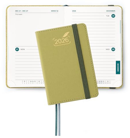 BEZEND Mini Pocket Diary 2026 A7 12 x 8 cm, Slimline 2 Days per Page (4 Pages 1 Week) to View, Palm-sized Bi-Daily Planner 2026 with PU Leather Hardback, Mustard