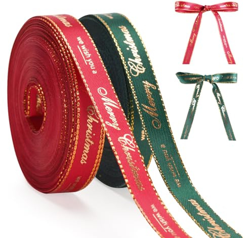G2PLUS 2 Rollos Cintas Navideña:10mm Cinta Roja y Verde de 10 Yardas Estampada en Caliente Feliz Navidad en Poliéster,con Bordes Dorados para Decoraciones de Regalos,Navidad,Bodas y Bautismos
