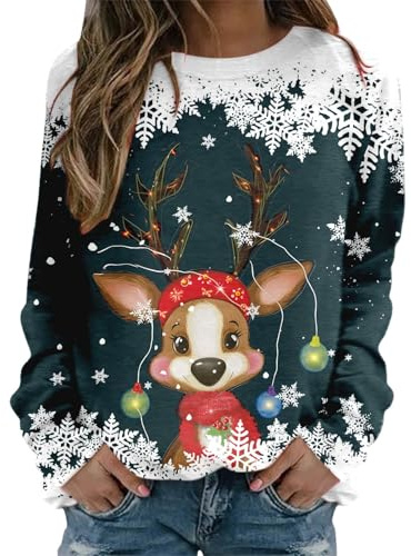 Jersey de Navidad para Mujer con Luces Estilo Urbano suéter de Navidad Informal Suelto Estampado navideño Moda Gran tamaño Manga Larga Festivo Estampado de Alces Fiesta navideña