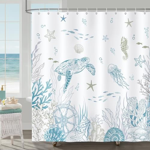 Bonhause Cortina de Ducha Tortuga Marina Océano Azul Náutico Costera Cortina de Baño de Poliéster Impermeable Antimoho Lavable Cortina Ducha 180 x 180 cm con 12 Ganchos
