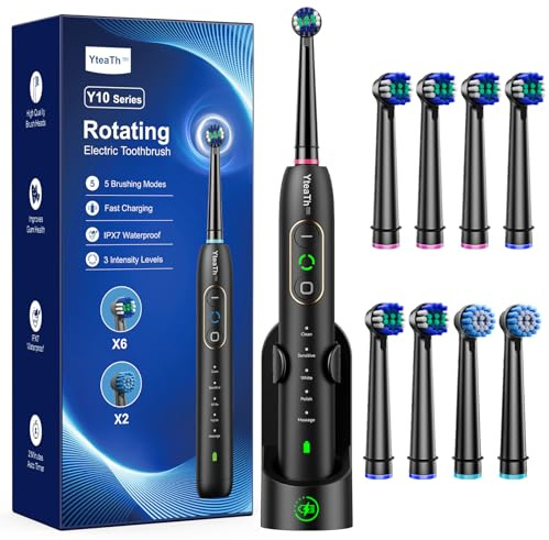 Spazzolino Elettrico Rotante per Adulti - Spazzolino Denti Rotante 3 Intensità, 5 Modalità, 8 Testine, Impermeabile IPX7, Spazzolino Elettrico Da Viaggio Ricaricabile, Nero Profondo