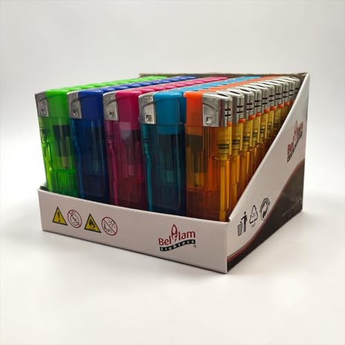 Lot de 50 Briquets Belflam jetables Électriques Électroniques Pas Cher Economique– Translucides – Assortiment 5 Couleurs – Allumage Bougies, encens, Cuisine Usage Quotidien.