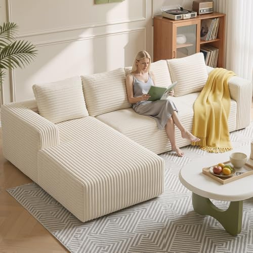261cm Canape d'angle, Canapé 4 Places avec Méridienne et 4 Coussins, Canapé Sectionnel Convertible Canapé Lit/Canapé droit/canapé d'angle en L, Tissu en Velours Côtelé, pour Salon ou Appartement