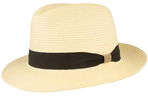 Breiter Strohhut Bogarthut | Sommerhut | Sonnenhut – aus 100% Papier – knautschbar mit Garnitur – Besonders Leicht, Flexibel, Hautfreundlich & Bequem (Natur, L)