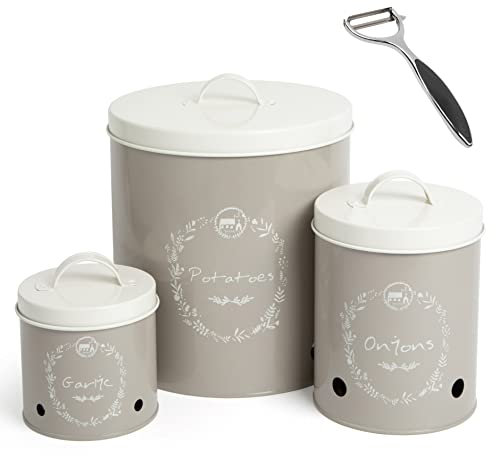 Katai – Ensemble de boîtes de rangement pour pommes de terre, oignons et ail – Bacs en métal gris avec couvercles et éplucheur inclus – Design vintage pour cuisine ou garde-manger
