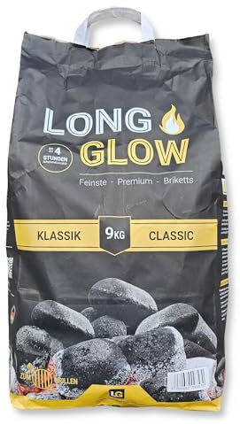 9kg (1x9kg) Long Glow Premium Grillbriketts Kohle Manufaktur Grillbrikett Premium Grill Brikett Holz Kohle Lange Brenn-& Glutdauer 4h Grillbriketts 100% Made in Germany Energie Kienbacher