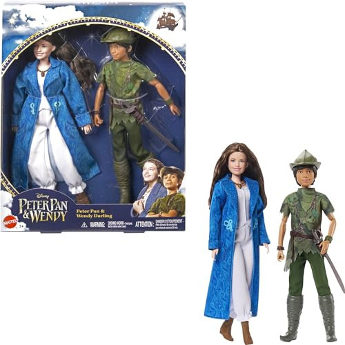 DISNEY Peter Pan & Wendy - beweglich mit typischen Outfits und abnehmbarem Zubehör, Hosen aus weichem Stofft, zum Nachspielen von Lieblingsszenen oder kreatives Spielen, für Kinder ab 3 Jahren, HNY36