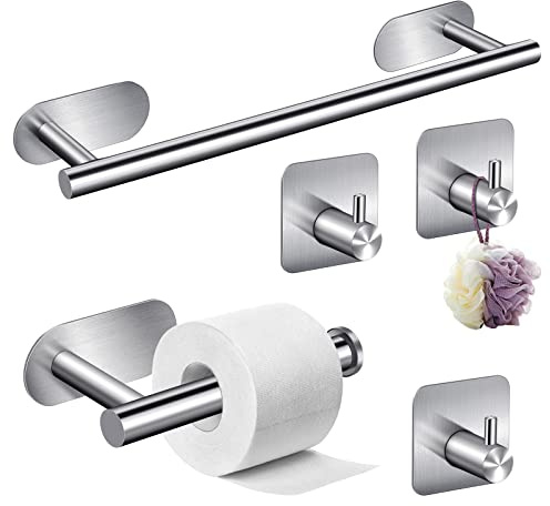 YUNYODA Juego de Toalleros de Baño Sin Taladro, 5PCS Accesorios Baño de Acero Inoxidable, Toallero Adhesivo Baño, Portarrollos para Papel, Gancho de Pared para Toallas, 40cm, Plata