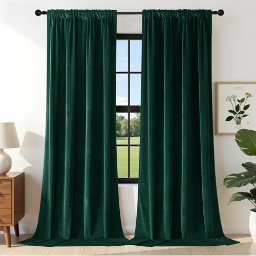 Joydeco Samtvorhänge Blickdicht Dunkelgrün 260x132 HxB 2er Set Verdunklungsvorhänge Thermo Vorhang Kälteschutz Schlafzimmer Gardinen Wohnzimmer