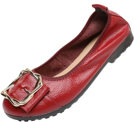 ANUFER Women's Genuine Leather Ballerinas Fashion Metal Buckle Soft Flat Pumps Shoes Red SN070535 EU41.5