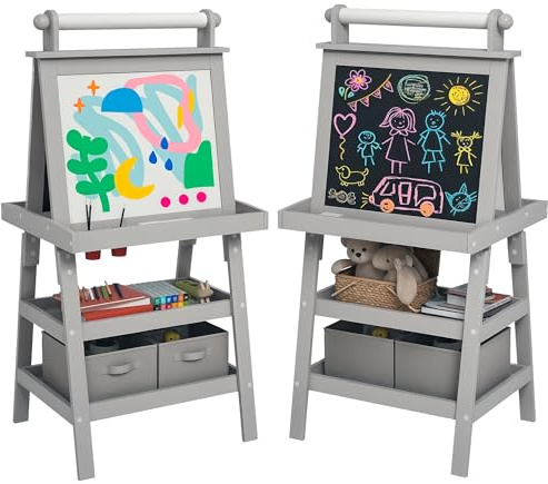 AIYAPLAY Art Easel for Kids with Paper Roll, 3 in 1 Kids Easel Double-Sided Magnetic Whiteboard and Chalkboard with Storage Baskets, for Children 3-6 Years - Grey