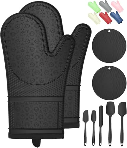 Oven Mitts with Heat-Resistant Hot Pads and Five Silicone Spatulas Designed for Kitchen Baking Cooking, Oven Glove Soft Cotton Lining, Waterproof, BPA-Free (Gun Black)