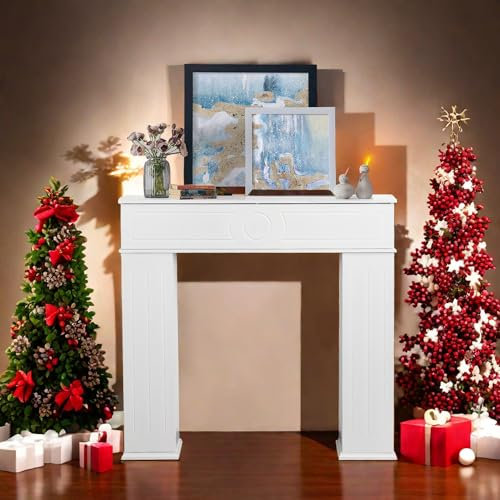 Console de cheminée avec espace de rangement, bordure de cheminée décorative en bois, cadre de cheminée avec étagère, armoire pour salon, chambre à coucher, accessoire de maison, blanc